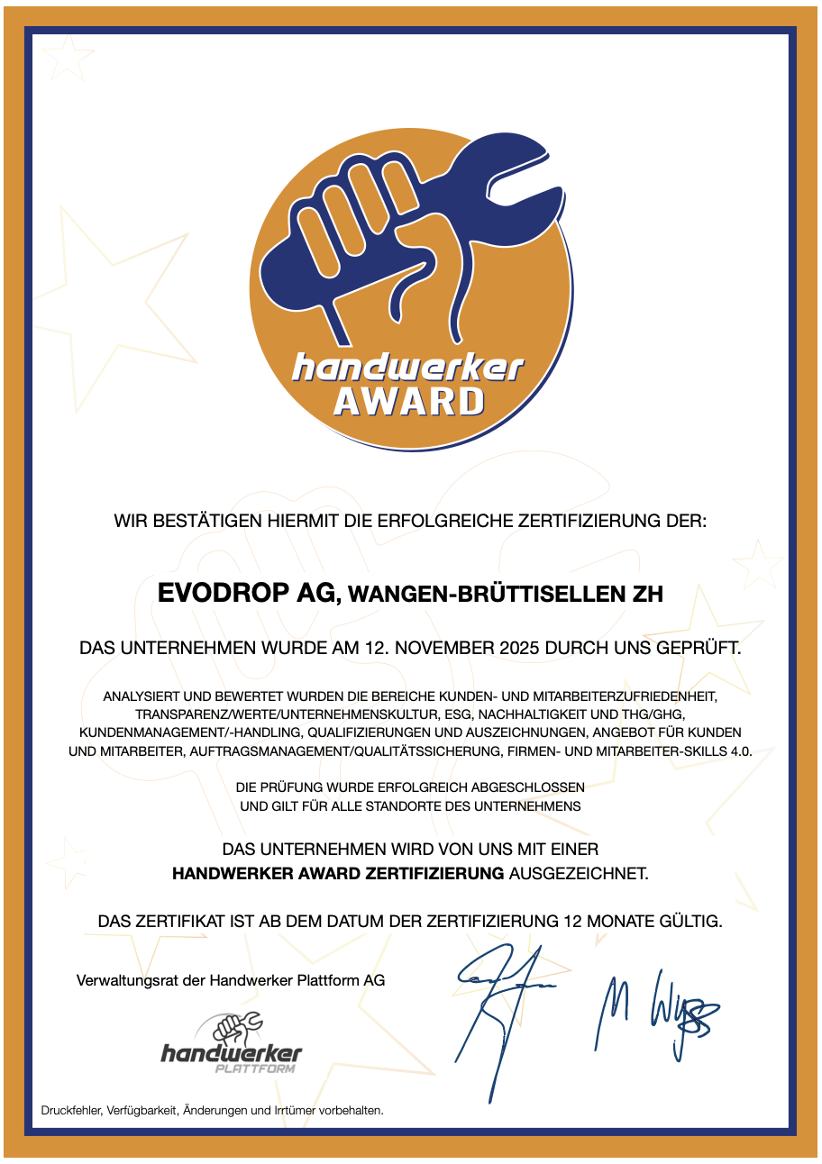 Evodrop AG handwerker AWARD Zertifikat 2025/2026