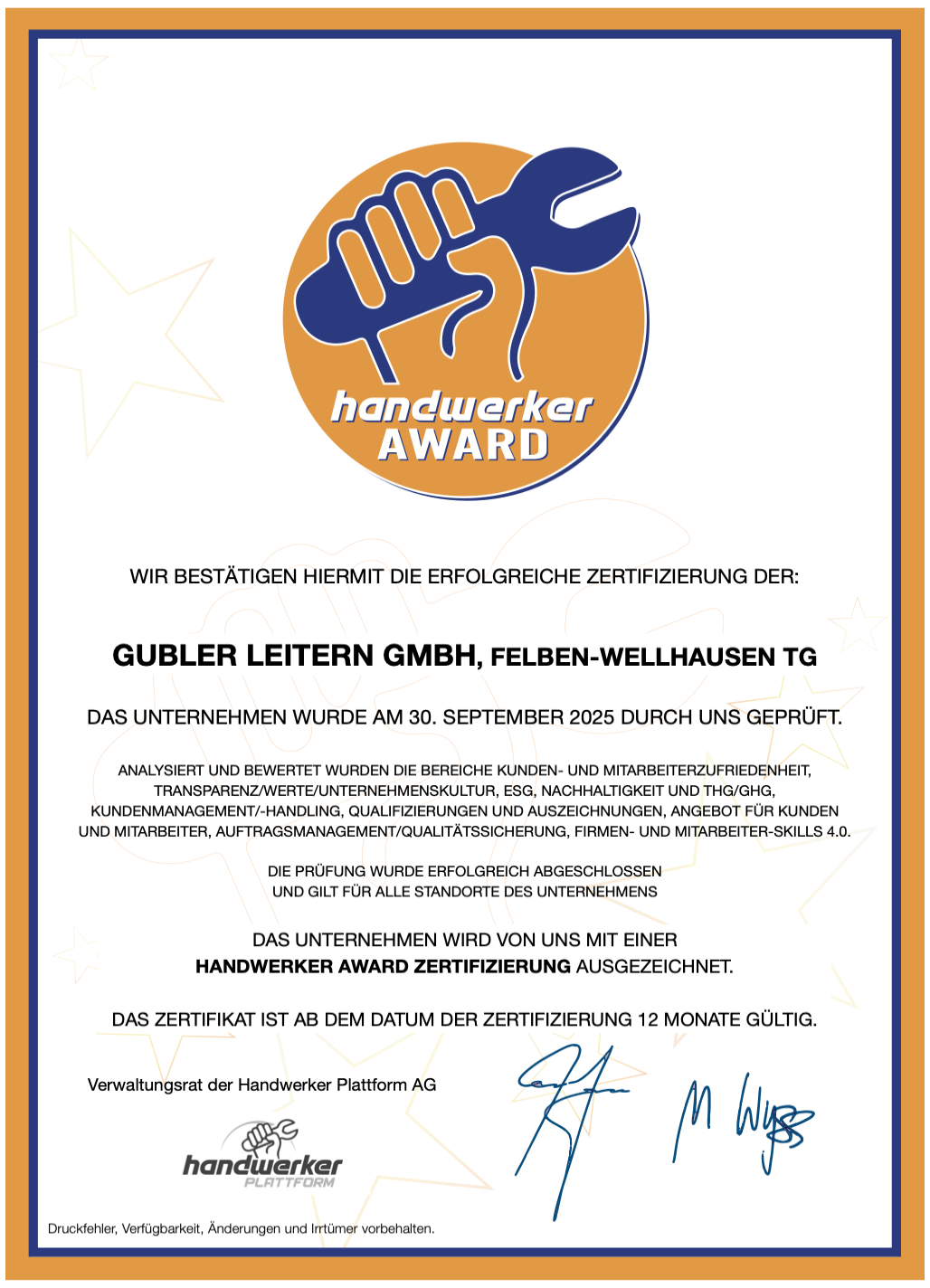 Gubler Leitern GmbH handwerker AWARD Zertifikat 2025/2026
