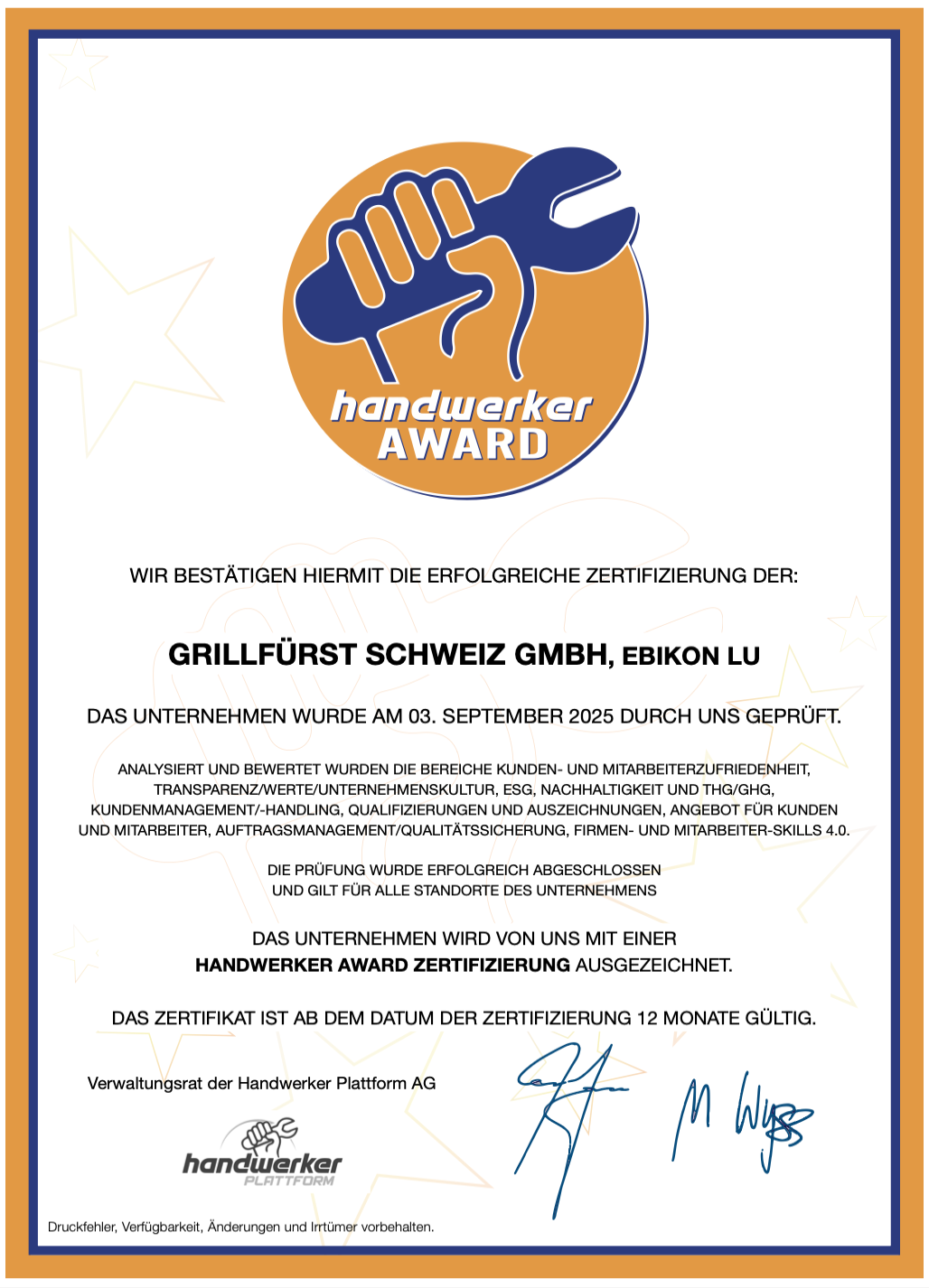 Grillfürst Schweiz GmbH handwerker AWARD Zertifikat 2025/2026