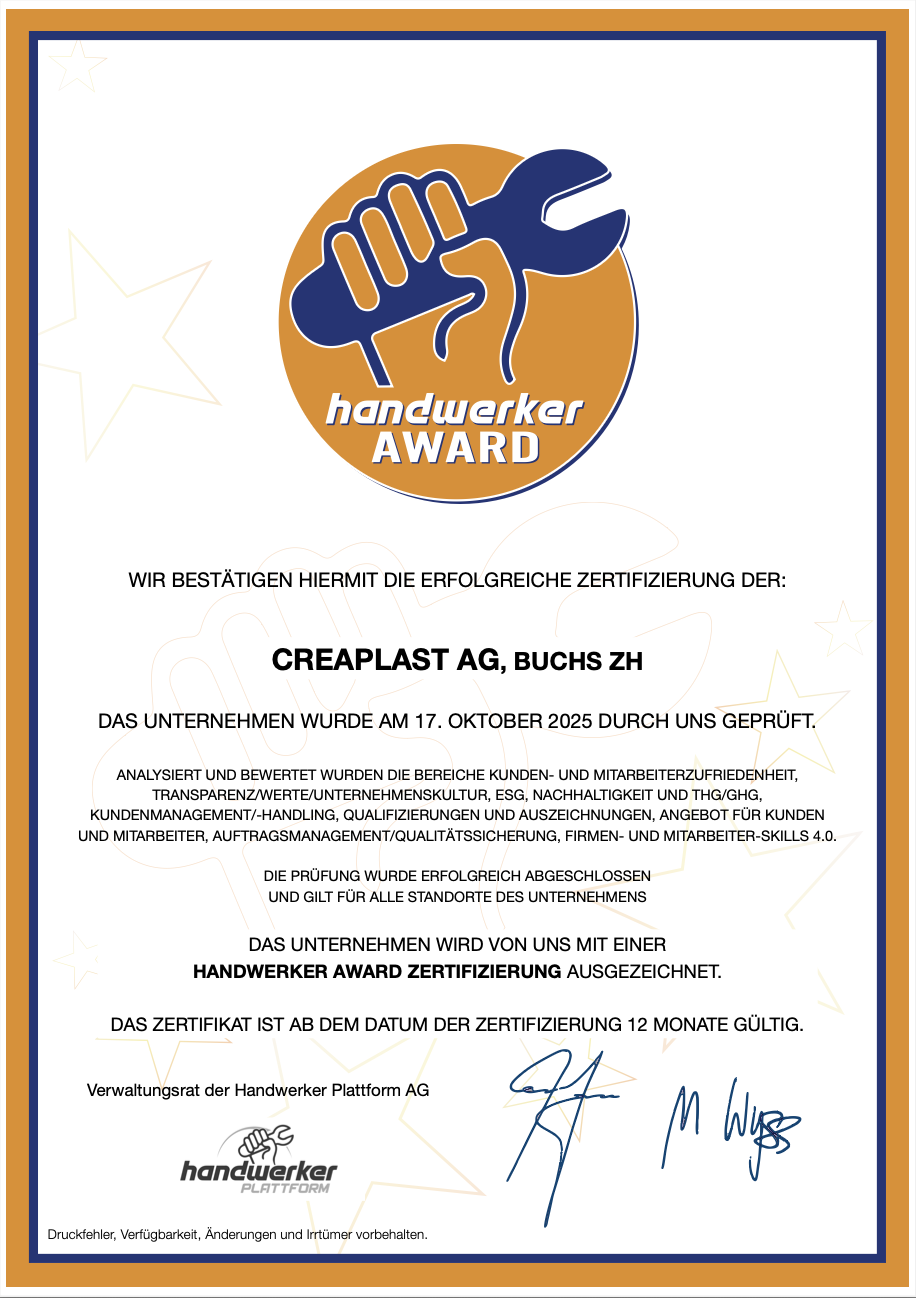 CreaPlast AG handwerker AWARD Zertifikat 2025/20226