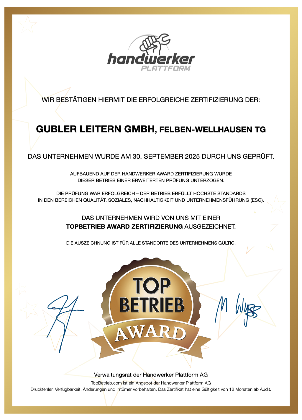 Gubler Leitern GmbH TopBetrieb AWARD Zertifikat 2025/2026