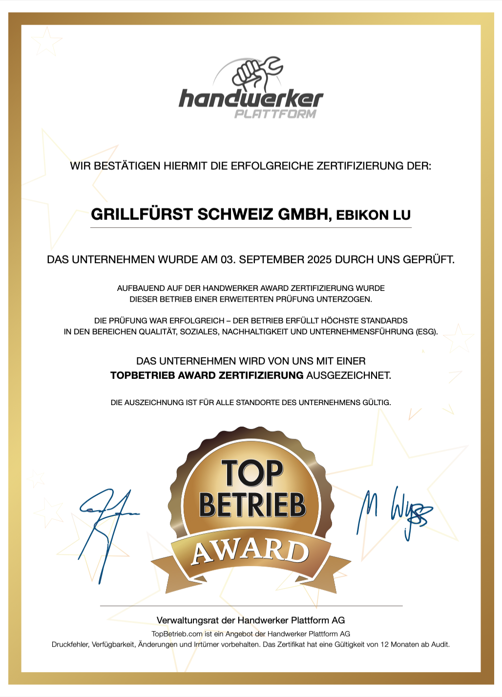 Grillfürst Schweiz GmbH TopBetrieb AWARD Zertifikat 2025/2026