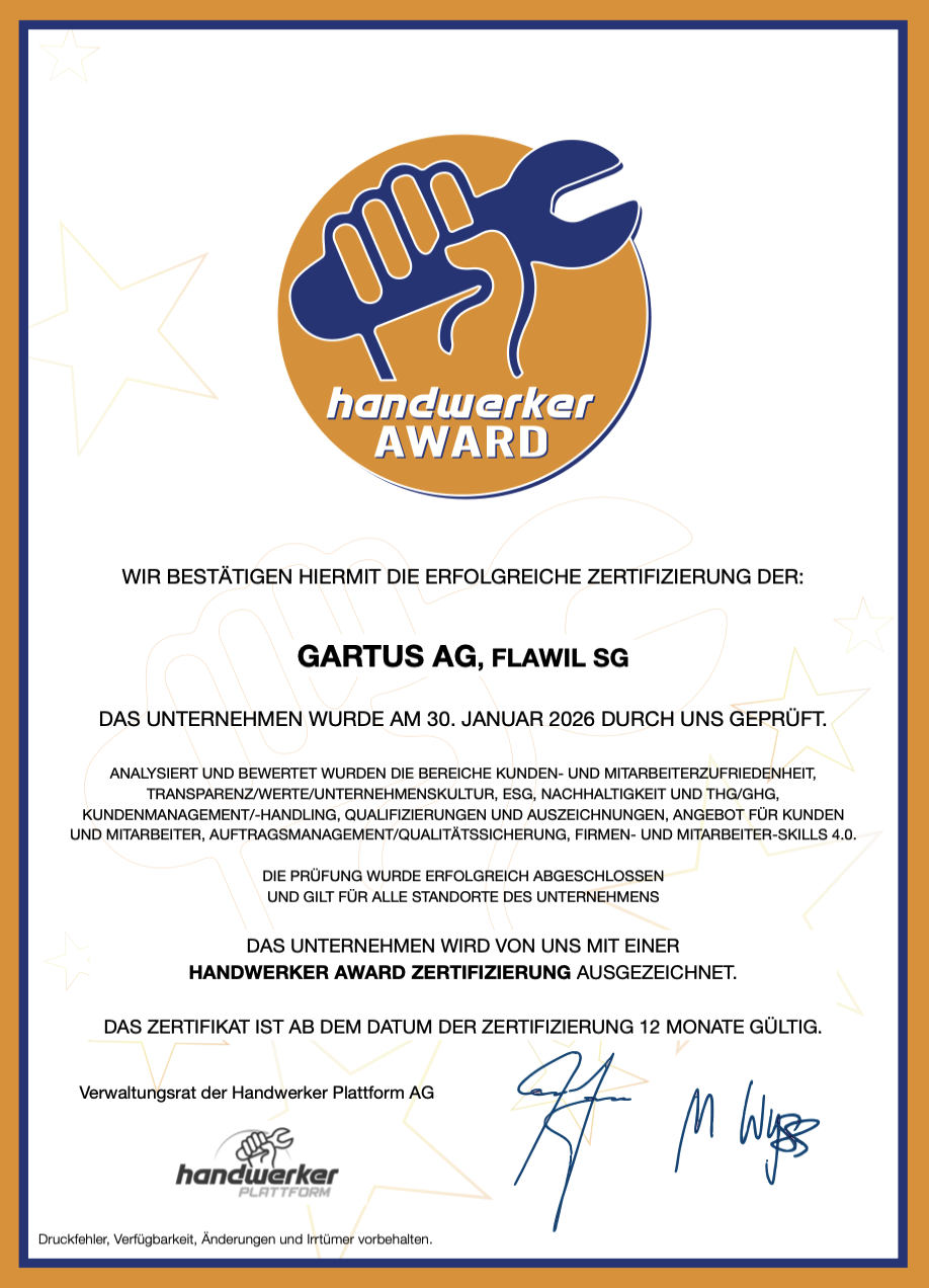 Gartus AG handwerker AWARD Zertifikat 2026