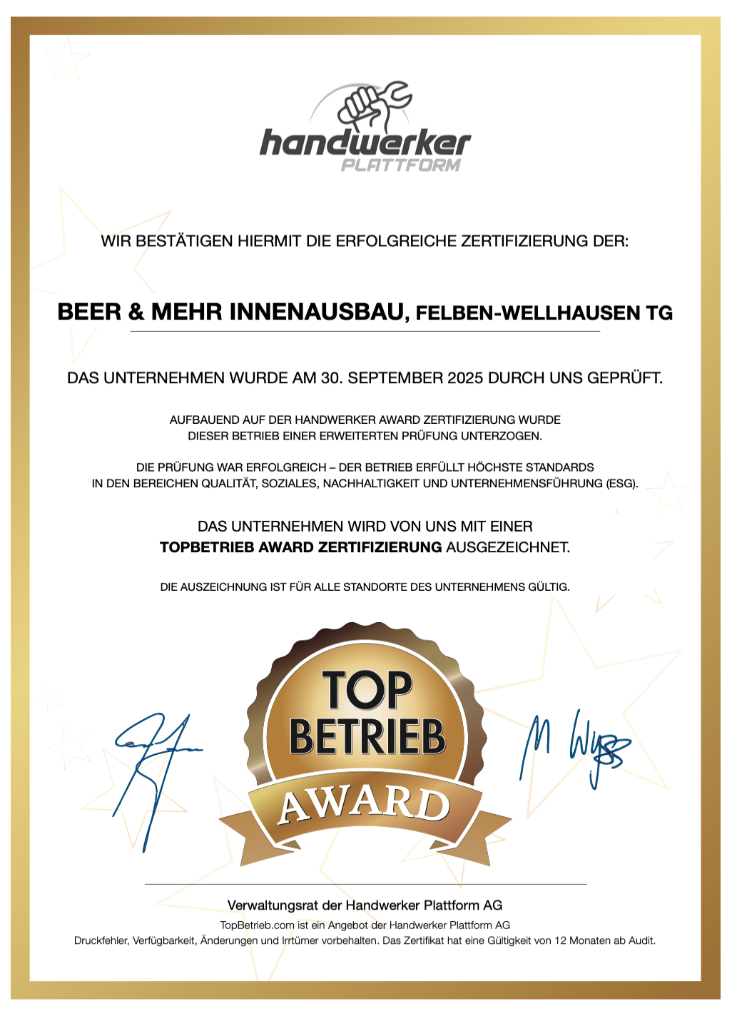 Beer und mehr Innenausbau TopBetrieb AWARD Zertifikat 2025/2026