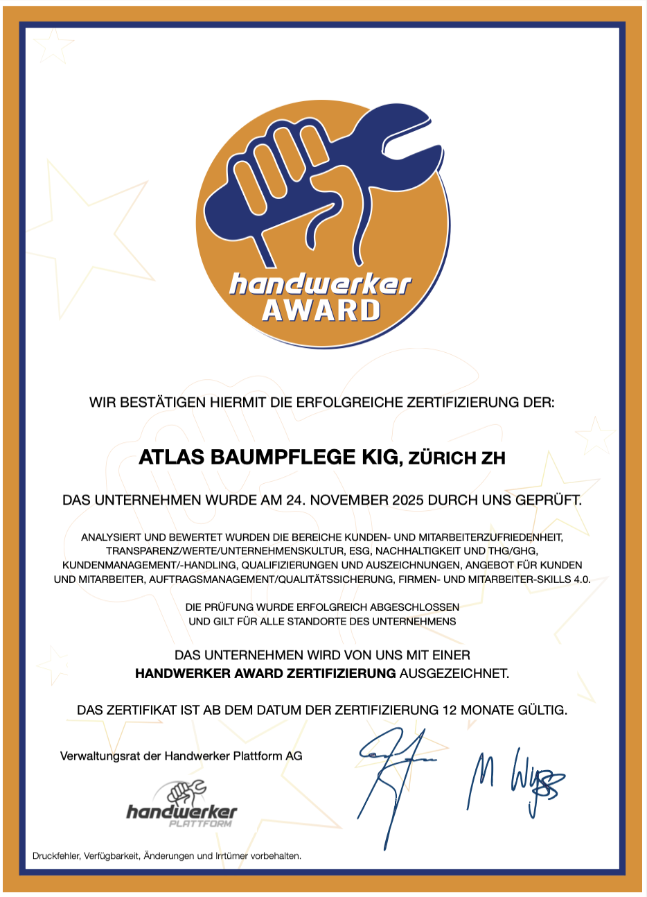 Atlas Baumpflege KIG handwerker AWARD Zertifikat 2025/2026