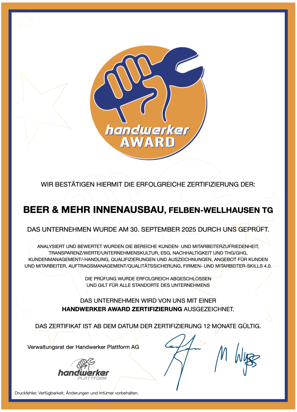 Beer und mehr Innenausbau handwerker AWARD Zertifikat 2025/2026